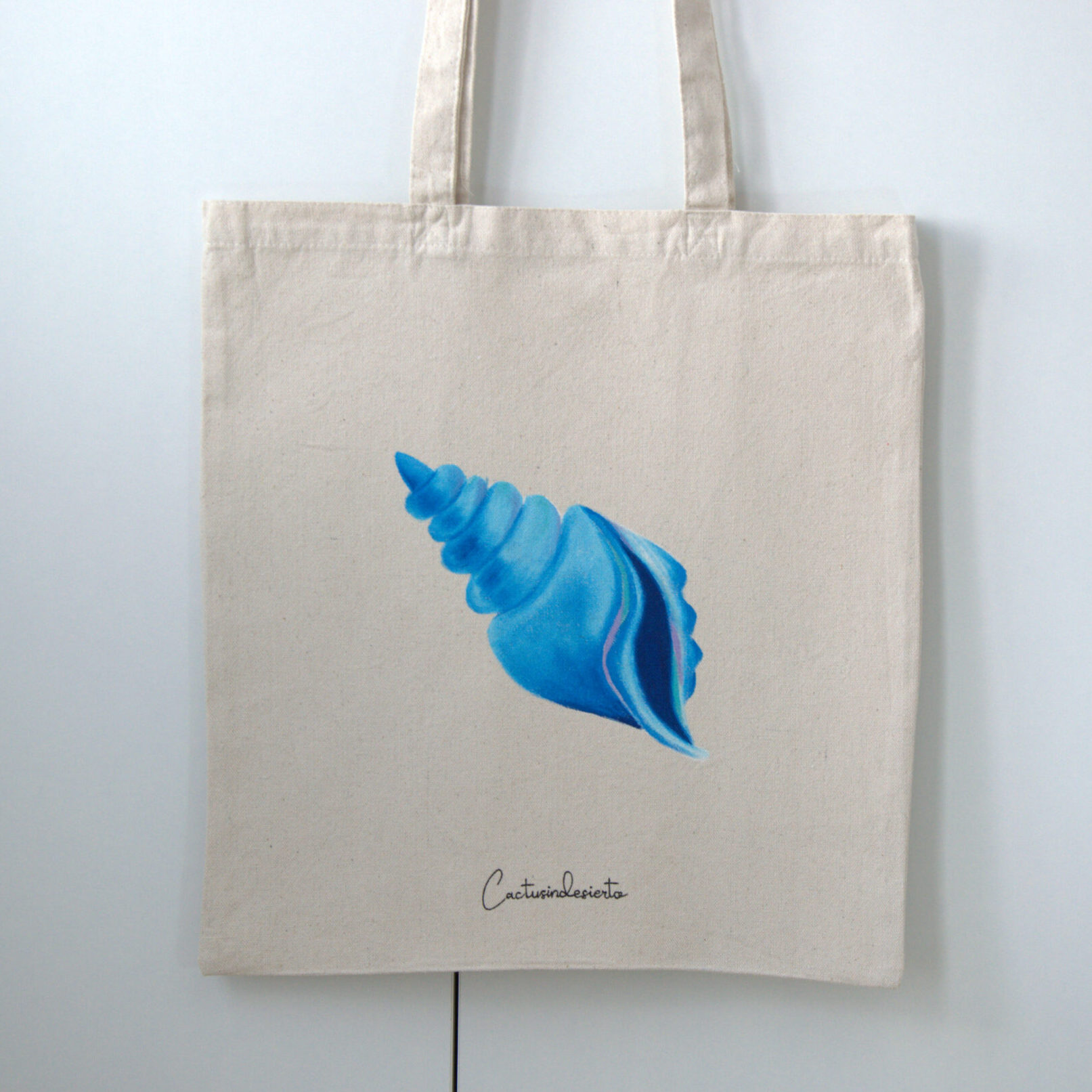 tote bag de algodón pintada a mano con caracola azul