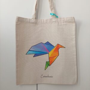 bolsa de algodón con pájaro de origami pintado a mano